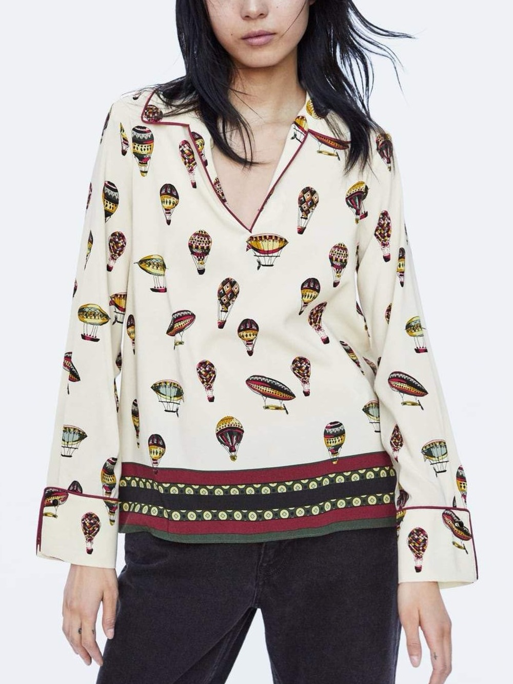 ZARA Hot Air Balloon Graphic Print Long Sleeve Blouse Wearable Art Quirky XS